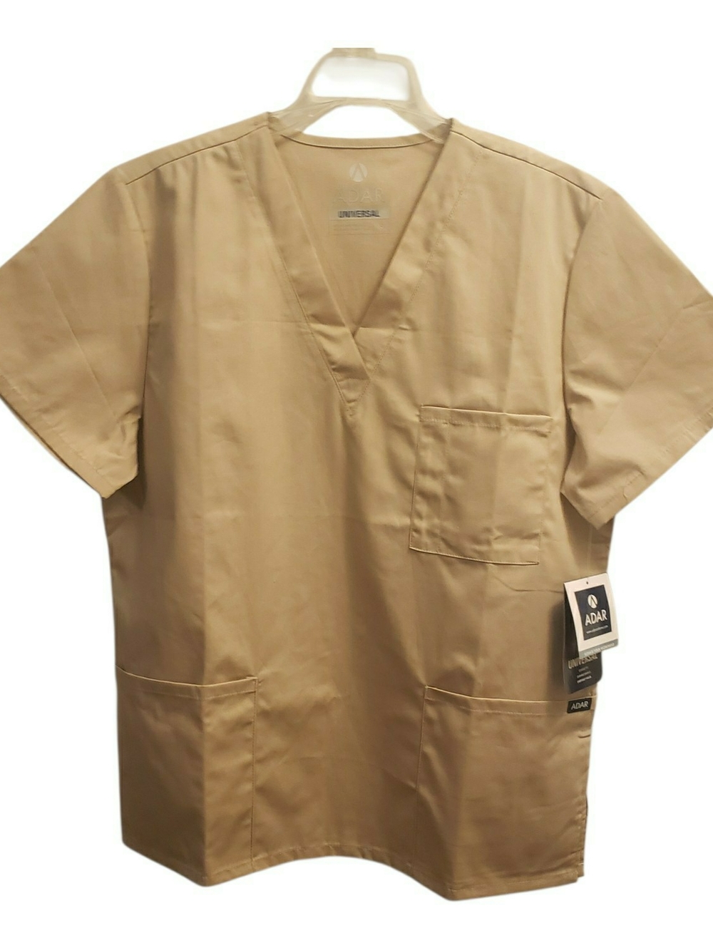 Adar small unisex scrub top features a khaki color and a classic v-neck.
